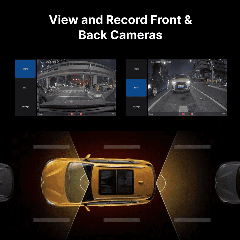 Front and rear camera view and recording feature on 15.1” CarPlay Android Head Unit for Dodge Challenger 2009-2011.