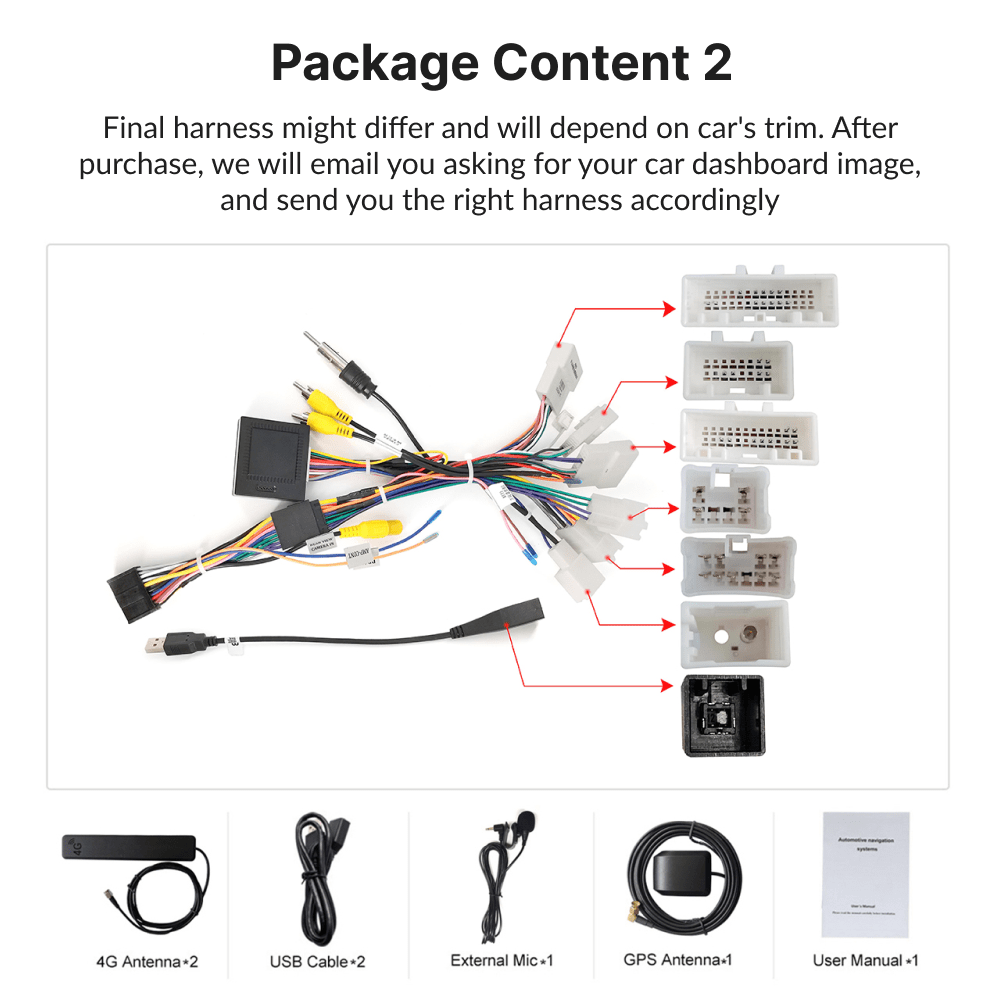 Wiring harness and accessories included with Toyota Camry 10.1” Android head unit, tailored to vehicle trim for seamless installation.