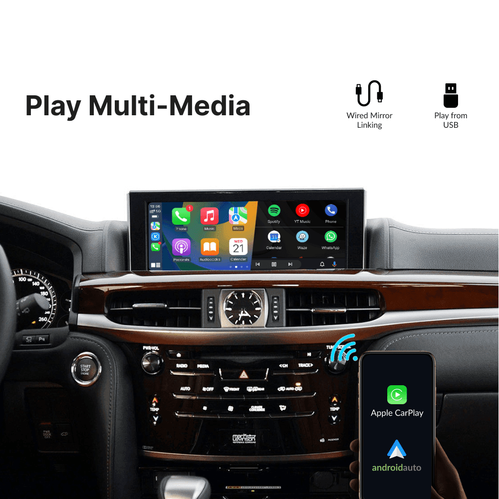 Lexus RX 2014-2020 CarPlay & Android Auto Module enables multimedia playback via USB or wired mirror linking on OEM screen.