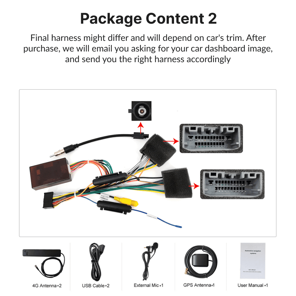 Package contents for Jeep Compass 2009-2016 Android Head Unit including harnesses, GPS antenna, USB cables, mic, and user manual.