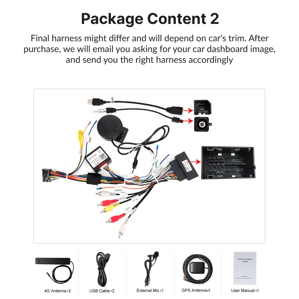 Package contents for Jeep Renegade 2014-2023 9” Wireless CarPlay Android Head Unit including harnesses, antennas, cables, and user manual.