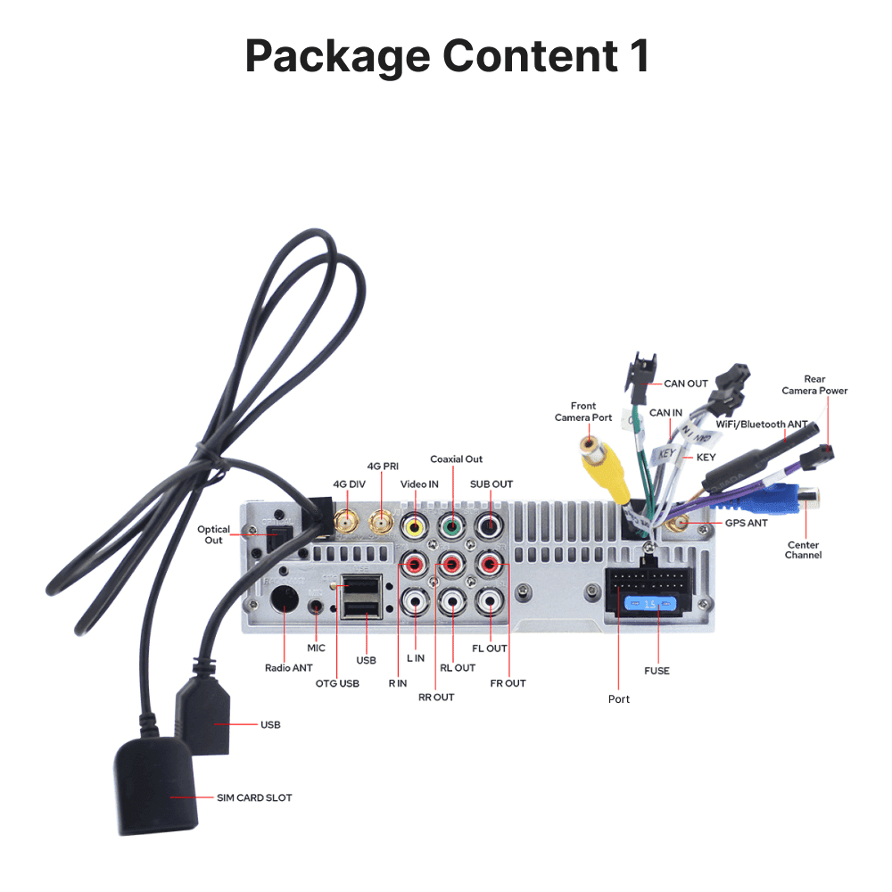 Rear panel ports and wiring layout of 13.3” Android Head Unit for Jeep Wrangler 2007-2013 including GPS, USB, and camera inputs.