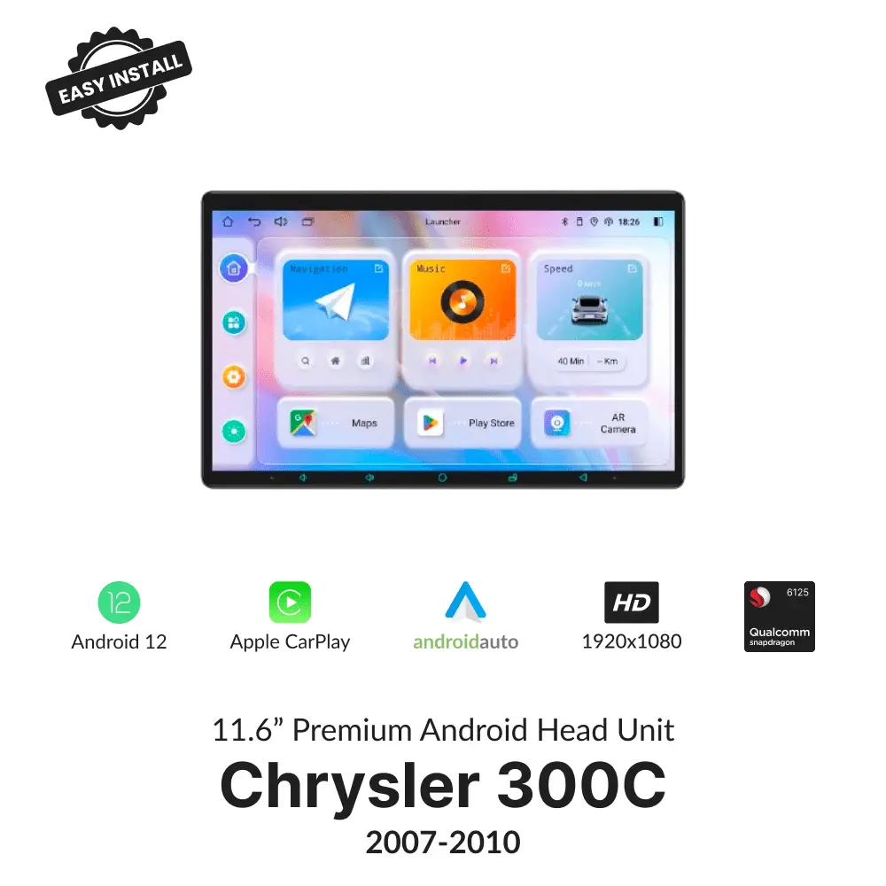 Chrysler 300C 2007-2010 11.6” wireless CarPlay Android head unit with Android 12, HD display, and Qualcomm processor for seamless in-car entertainment.