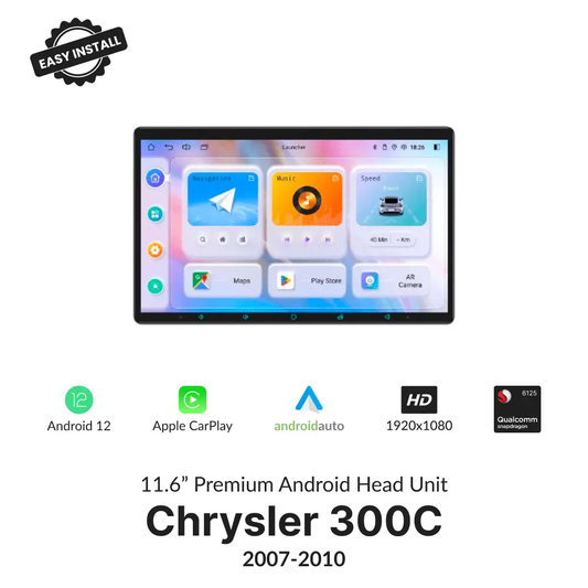Chrysler 300C 2007-2010 11.6” wireless CarPlay Android head unit with Android 12, HD display, and Qualcomm processor for seamless in-car entertainment.
