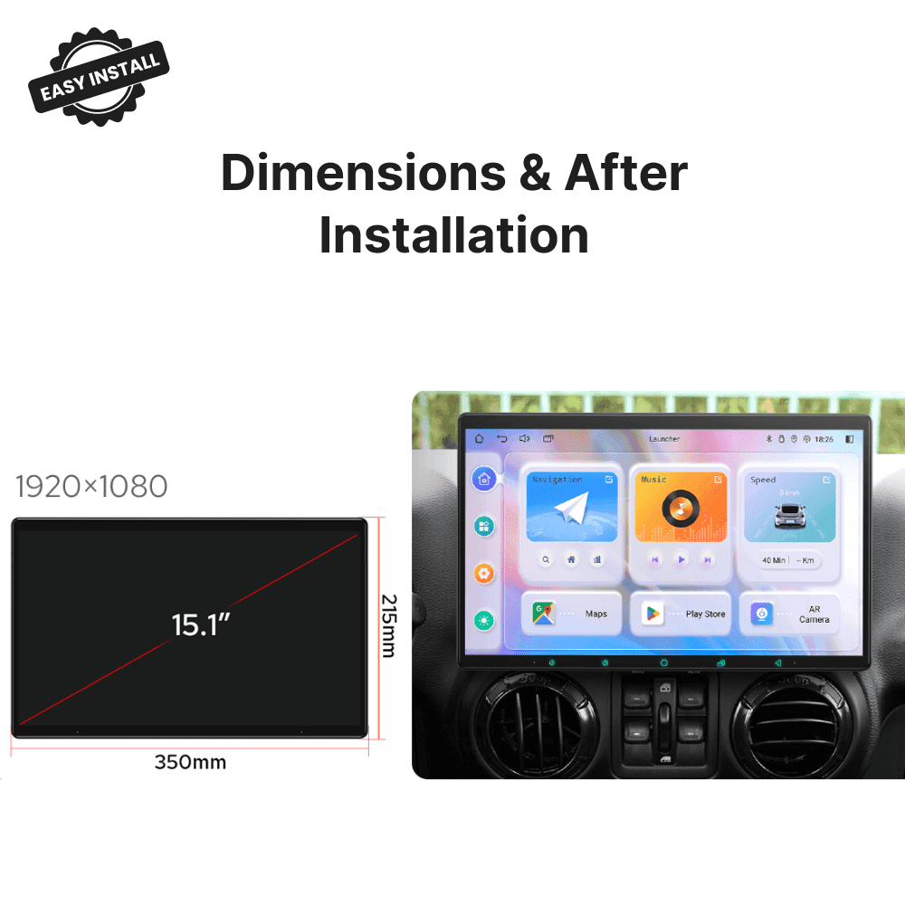 15.1” 1920x1080 Android head unit installed in Chrysler Aspen 2007-2010 dashboard, showing screen dimensions and fit.