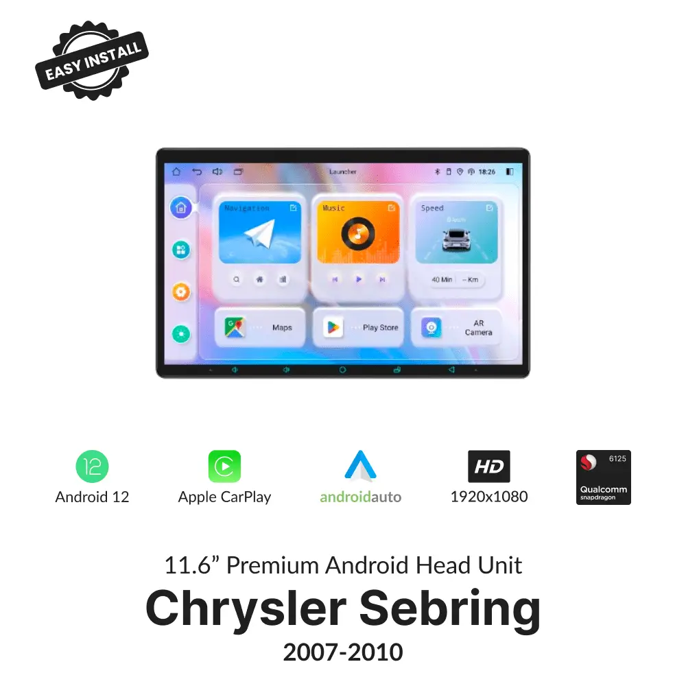 Chrysler Sebring 2007-2010 11.6” wireless CarPlay Android head unit with Android 12, HD display, and Qualcomm processor for seamless infotainment.