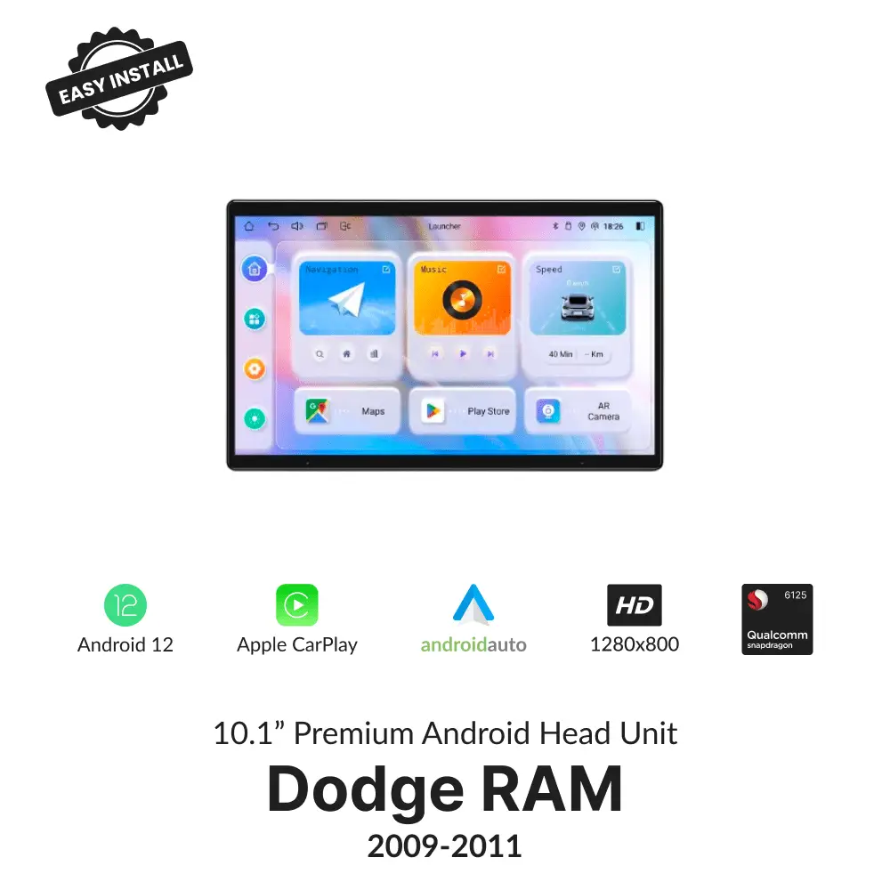 Dodge RAM 2009-2011 10.1” Wireless CarPlay Android Head Unit with Android 12, HD display, and Qualcomm processor for seamless connectivity.