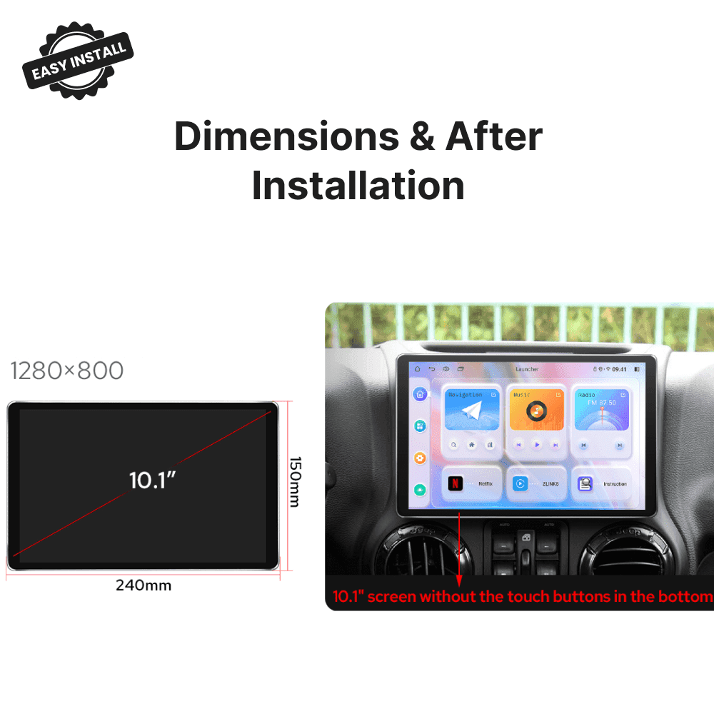 Dodge RAM 2009-2011 10.1” Android Head Unit dimensions shown with 1280x800 resolution and installed view in dashboard without bottom touch buttons.