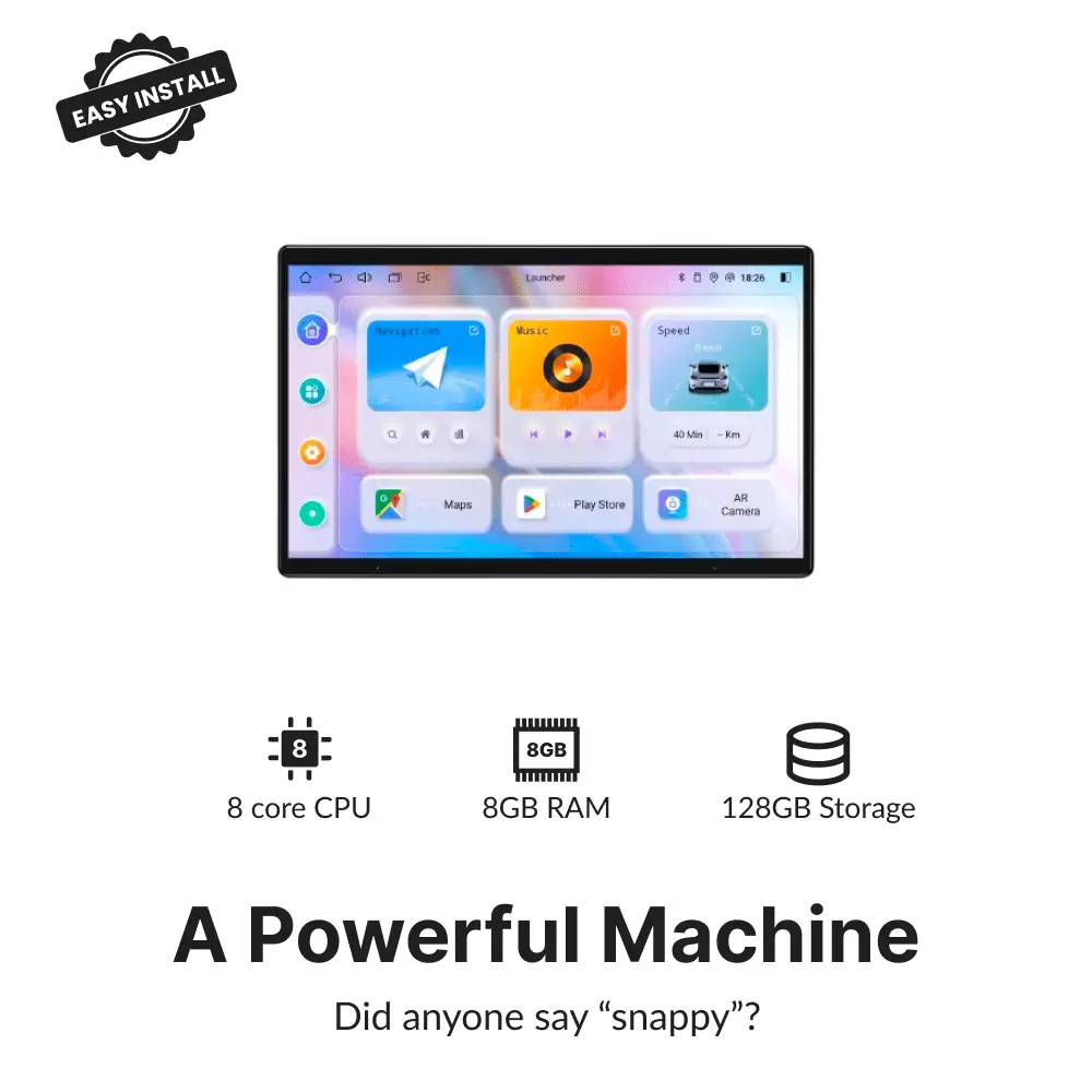 High-performance 10.1” Android Head Unit for Dodge RAM 2009-2011 featuring 8-core CPU, 8GB RAM, and 128GB storage for fast operation.