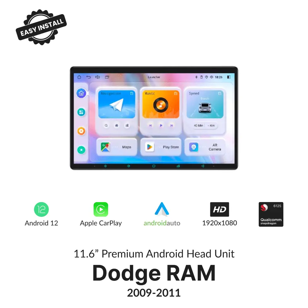 Dodge RAM 2009-2011 11.6” Wireless CarPlay Android Head Unit with Android 12, HD display, and Qualcomm processor for seamless in-car entertainment.
