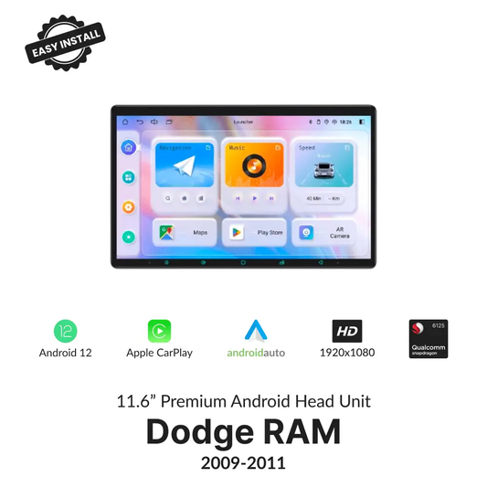 Dodge RAM 2009-2011 11.6” Wireless CarPlay Android Head Unit with Android 12, HD display, and Qualcomm processor for seamless in-car entertainment.