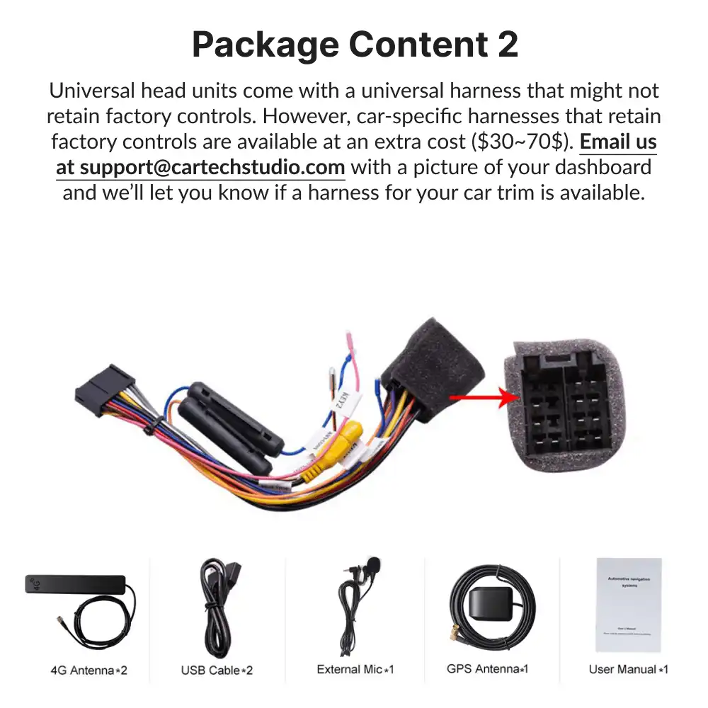 Package contents of 12.3” Android Head Unit Double Din including harness, antennas, cables, mic, GPS, and user manual.