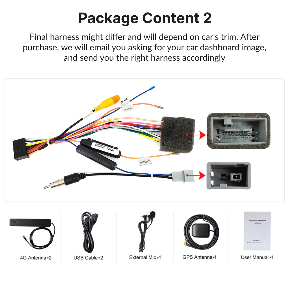Package contents for Honda Fit/Jazz 2008-2013 Android head unit including harness, antennas, USB cables, and user manual.