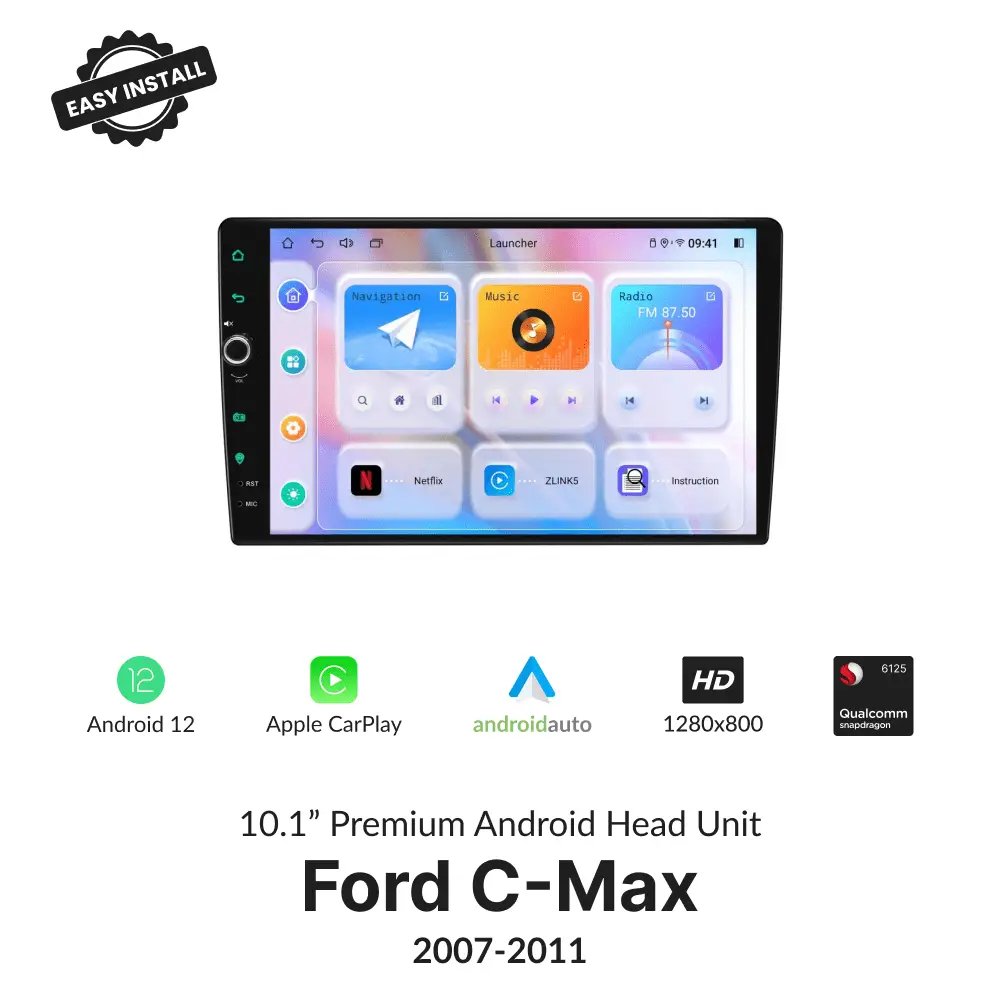 Ford C-Max 2007-2011 10.1” CarPlay Android Head Unit with volume knob, Android 12, HD display, and wireless connectivity features.