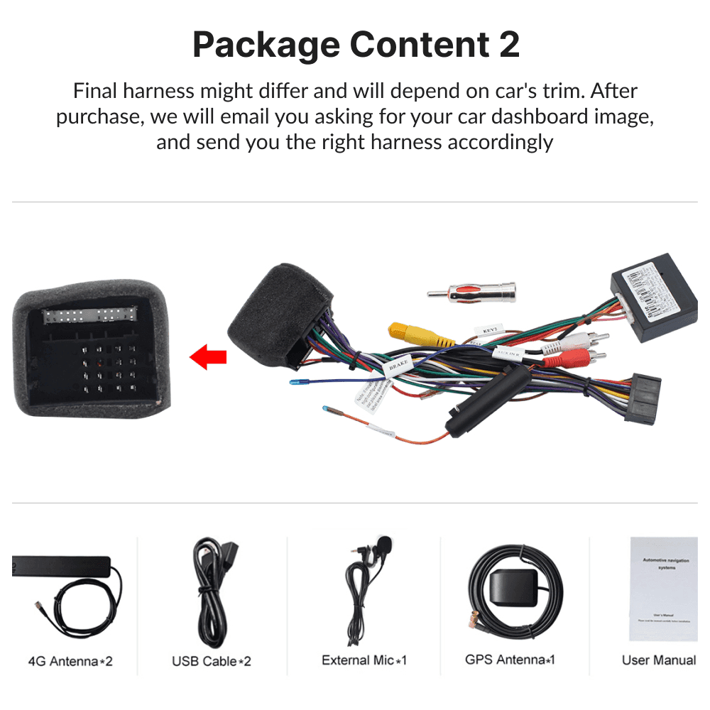 Ford C-Max 2007-2011 Android Head Unit package contents including wiring harness, GPS antenna, USB cable, and user manual.