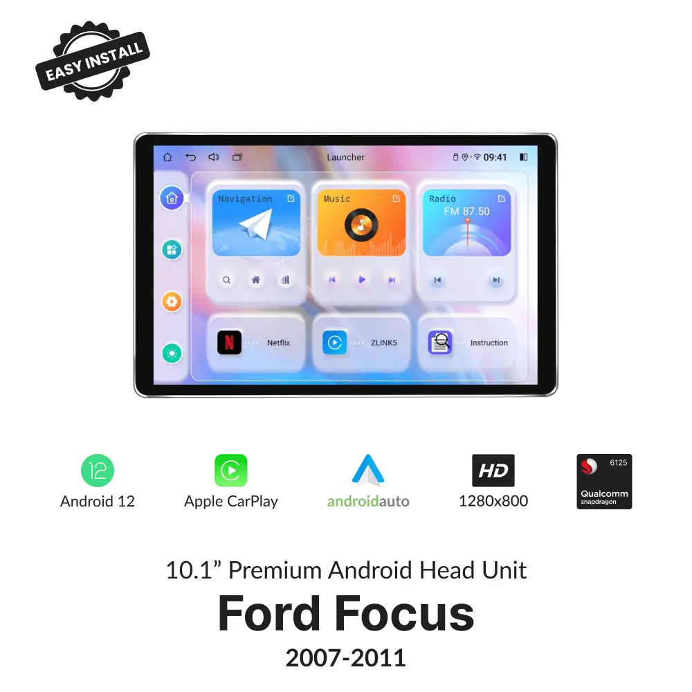 Ford Focus 2007-2011 10.1” Wireless CarPlay Android Head Unit with Android 12, Apple CarPlay, Android Auto, and HD display interface.