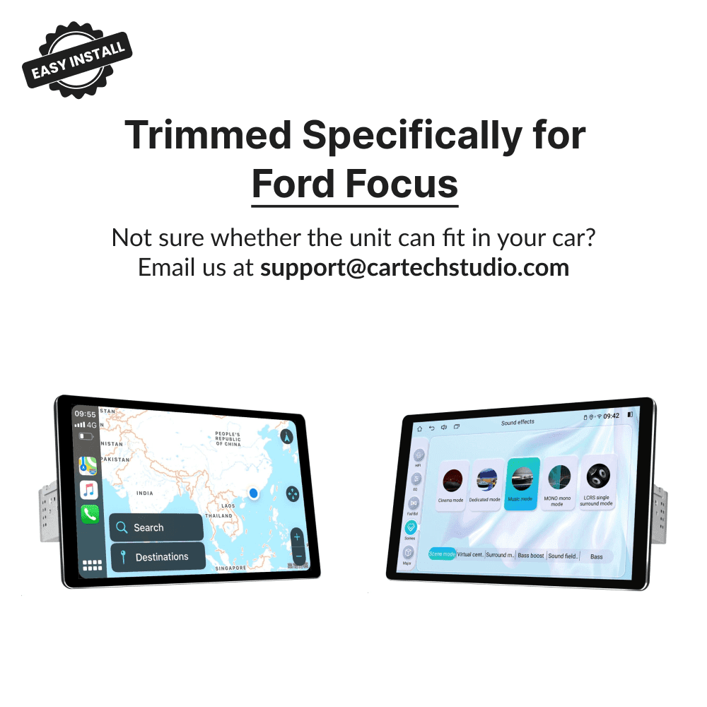 Custom-trimmed 10.1” Android Head Unit for Ford Focus 2007-2011, optimized fit for seamless dashboard integration.