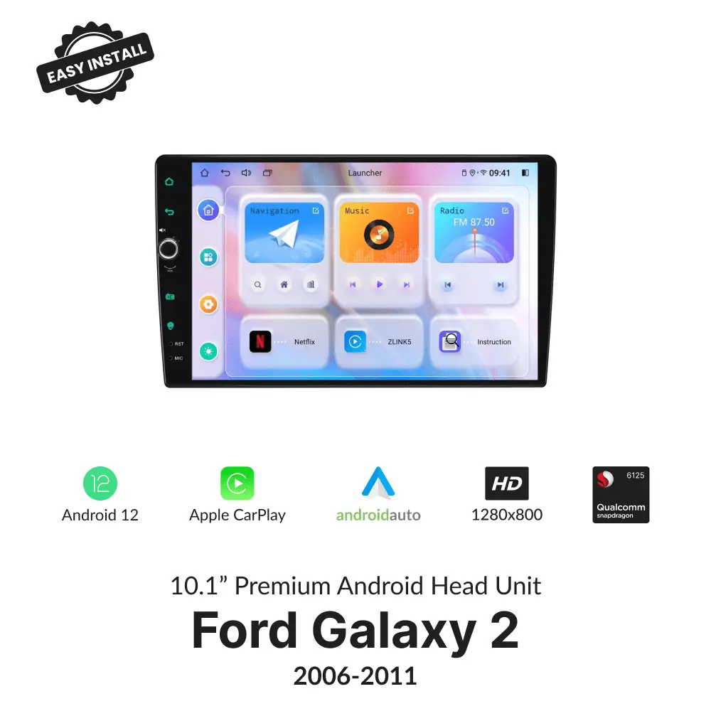 Ford Galaxy 2 2006-2011 10.1” CarPlay Android Head Unit with volume knob, Android 12, HD display, and wireless connectivity features.