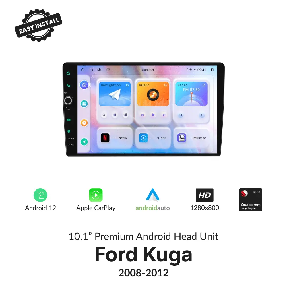 Ford Kuga 2008-2012 10.1” wireless CarPlay Android head unit with volume knob, Android 12, HD display, and Qualcomm processor.