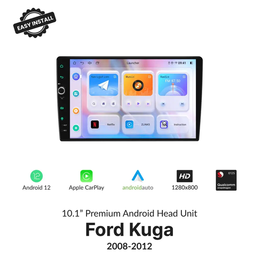 Ford Kuga 2008-2012 10.1” wireless CarPlay Android head unit with volume knob, Android 12, HD display, and Qualcomm processor.
