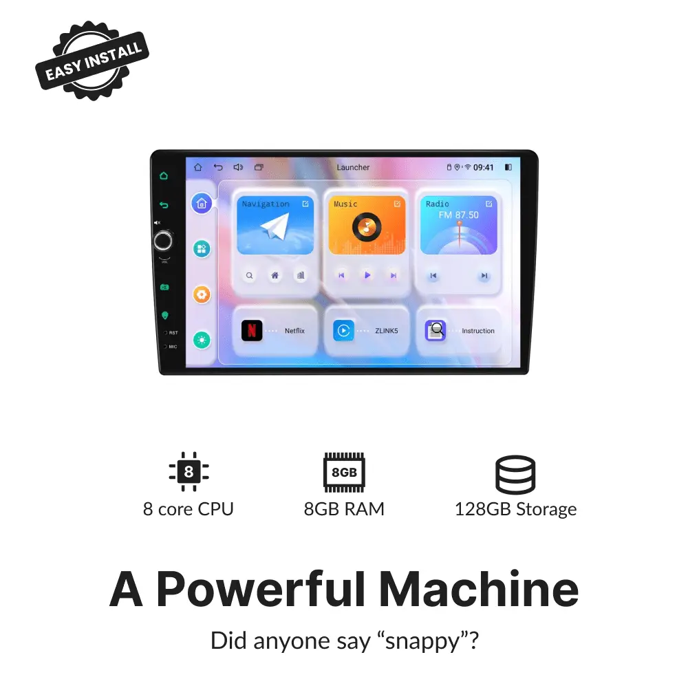 High-performance 10.1” Android head unit for Ford Kuga 2008-2012 with 8-core CPU, 8GB RAM, and 128GB storage for fast operation.