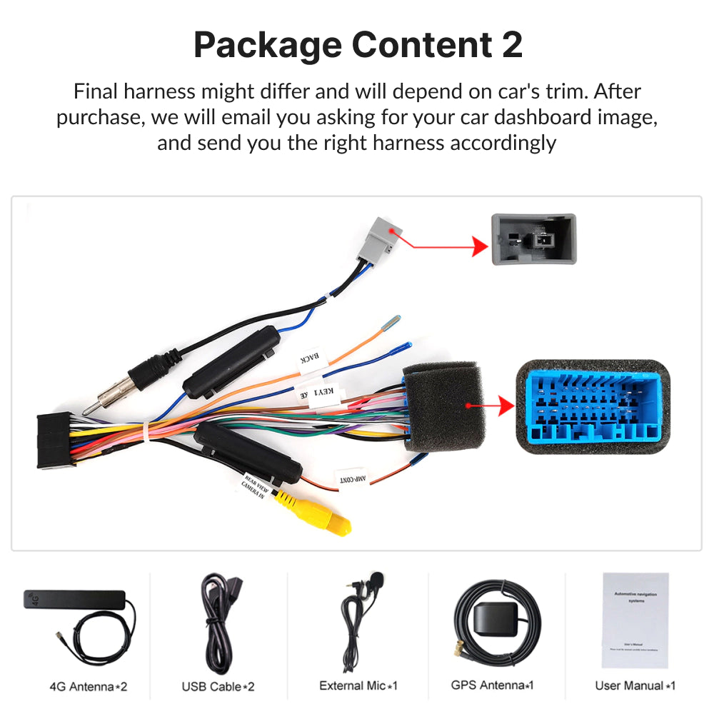 Package contents for 9” Wireless CarPlay Android Head Unit for Honda CRV 2001-2006 including harness, antennas, cables, and user manual.