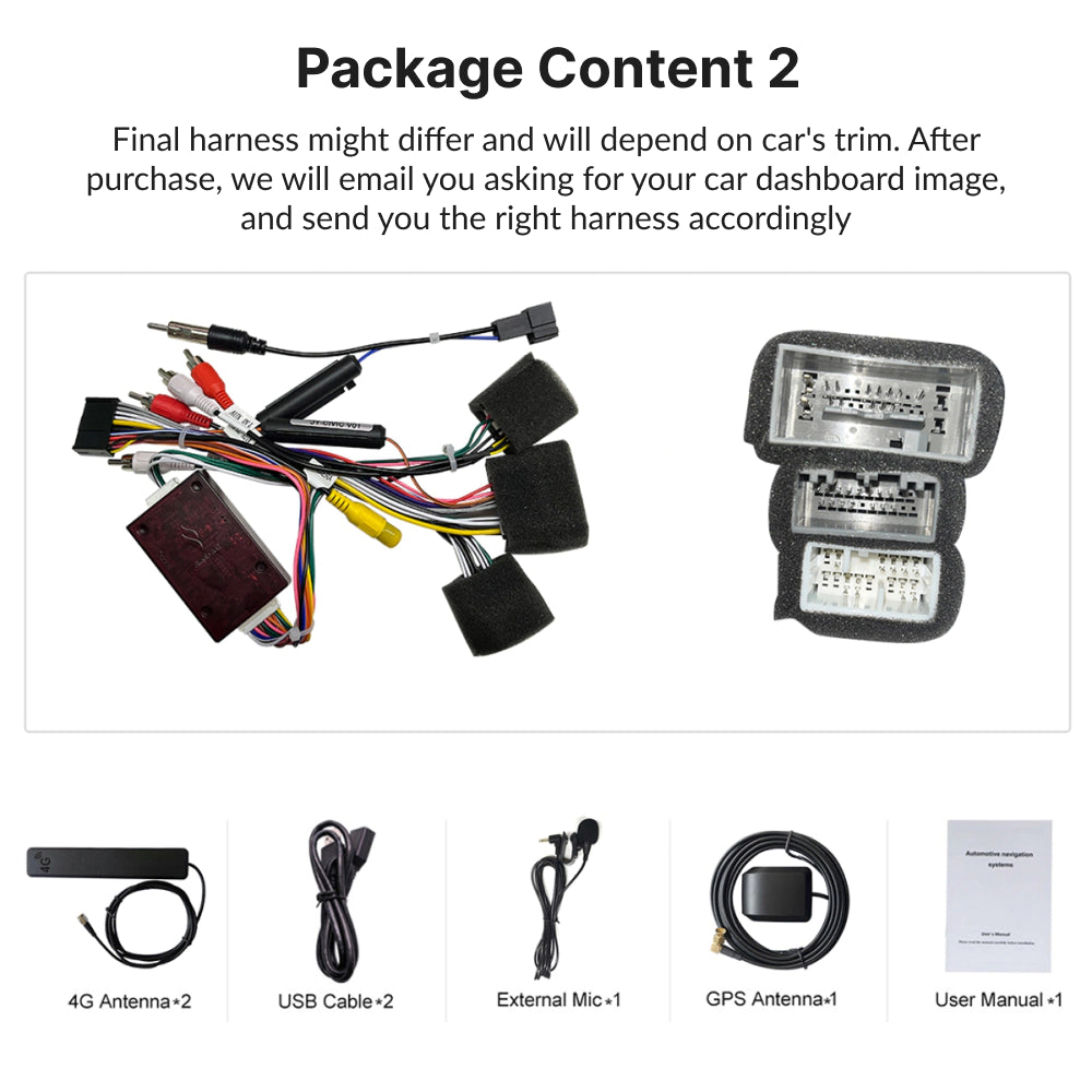 Package contents for Honda CRV 10.1” Android Head Unit including harnesses, antennas, USB cables, external mic, and user manual.
