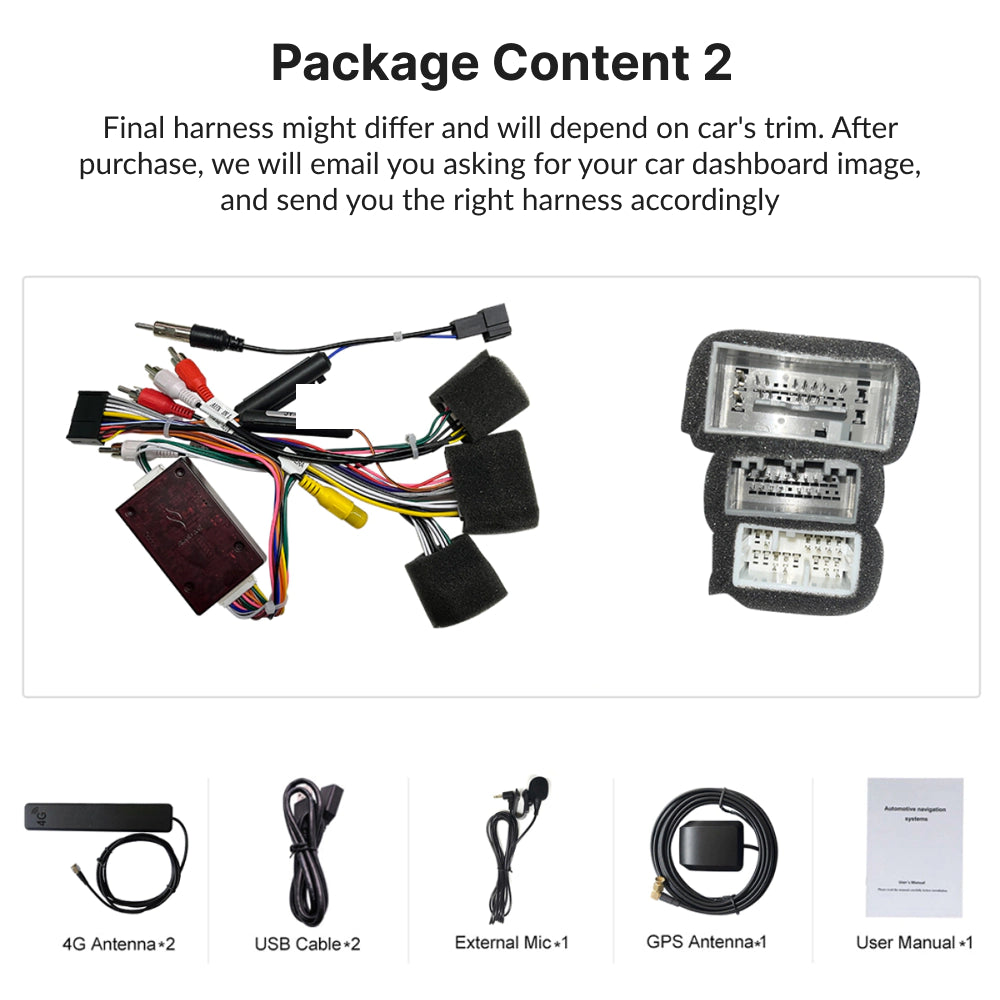 Package contents for the Honda CRV 2012-2016 11.6” Android Head Unit include harnesses, antennas, USB cables, GPS module, mic, and user manual.