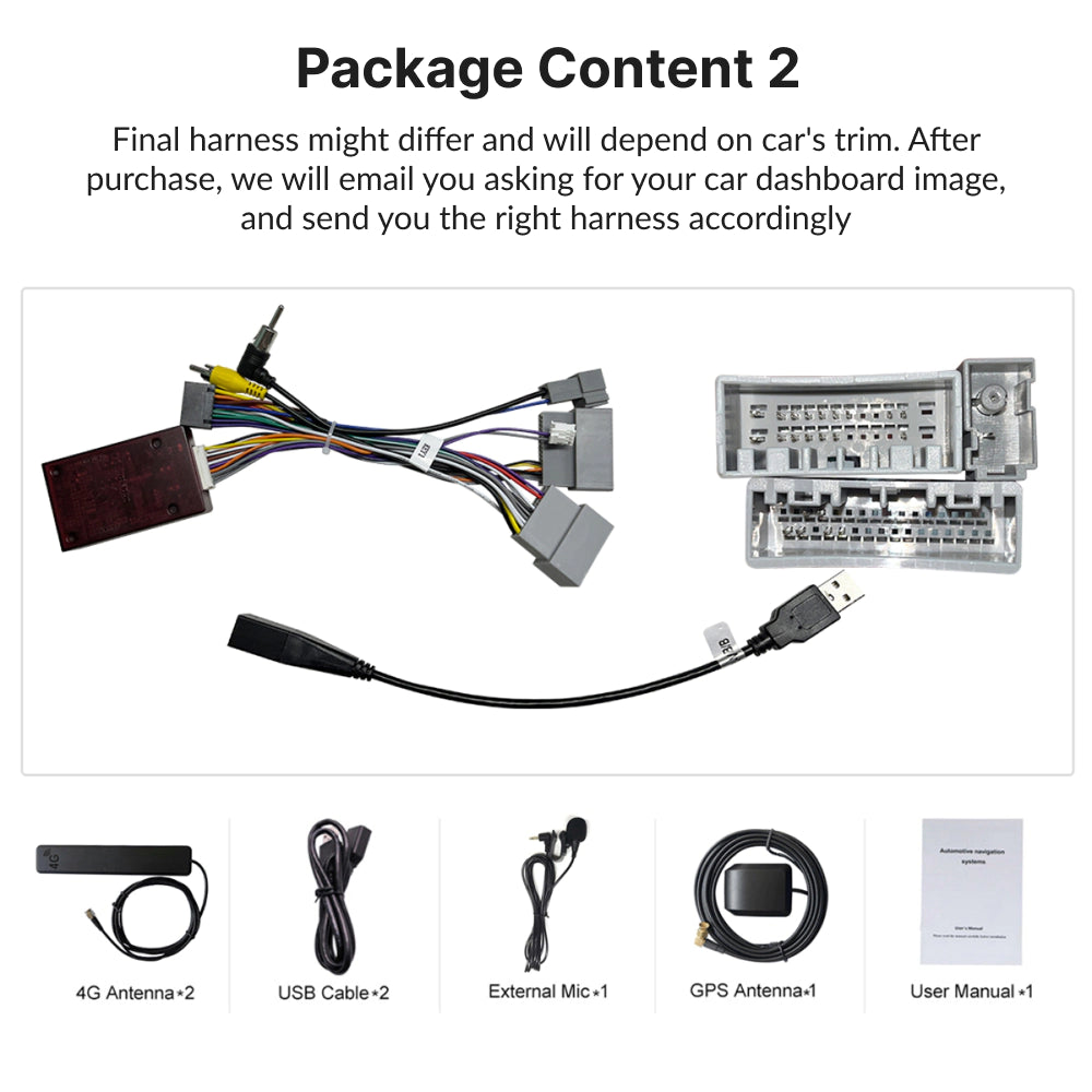 Package contents for Honda CRV 2017-2021 10.1” Android Head Unit including harness, antennas, USB cables, GPS module, and user manual.