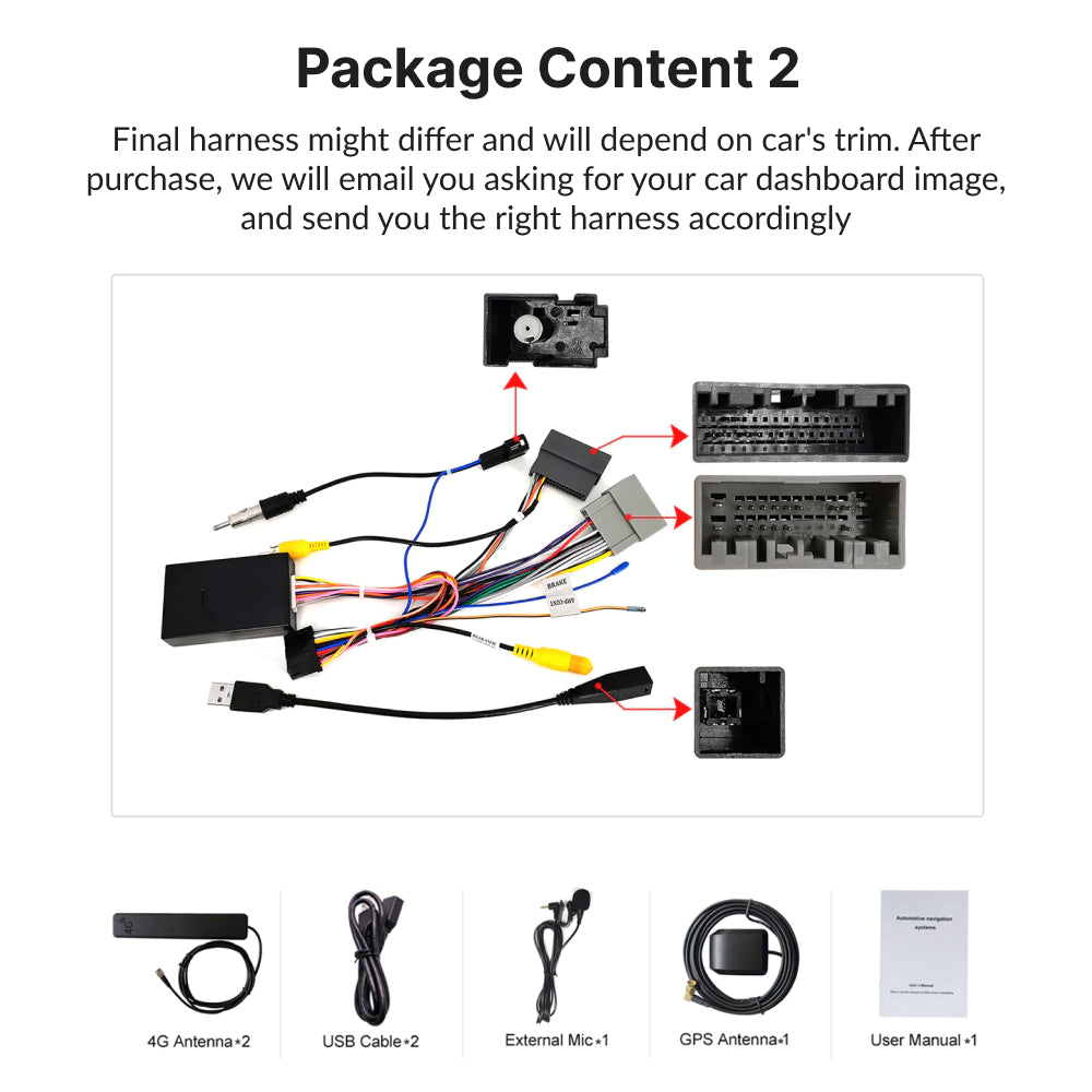 Package contents for Honda CRV 11.6” Android head unit include harnesses, GPS antenna, USB cables, mic, and user manual for installation.