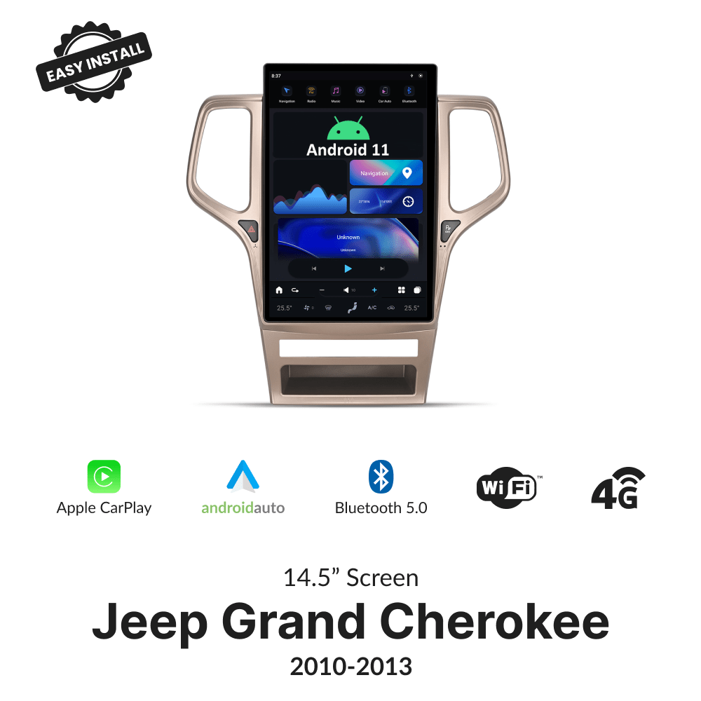 Tesla-Style 14.5” CarPlay screen for Jeep Grand Cherokee 2010-2013 with Android 11, Apple CarPlay, Android Auto, Bluetooth 5.0, WiFi, and 4G support.