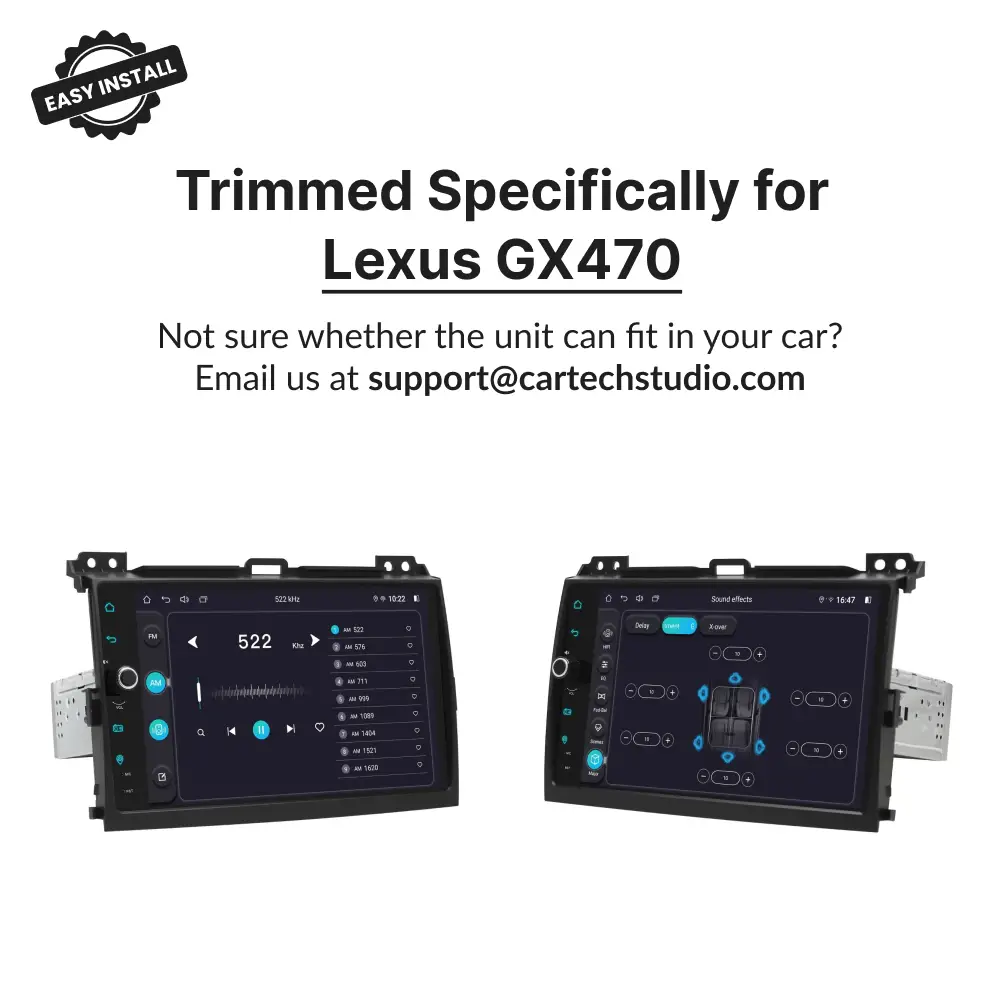 Trimmed 9-inch Android Auto head unit designed specifically for Lexus GX470 2004-2009, ensuring perfect fit and easy installation.