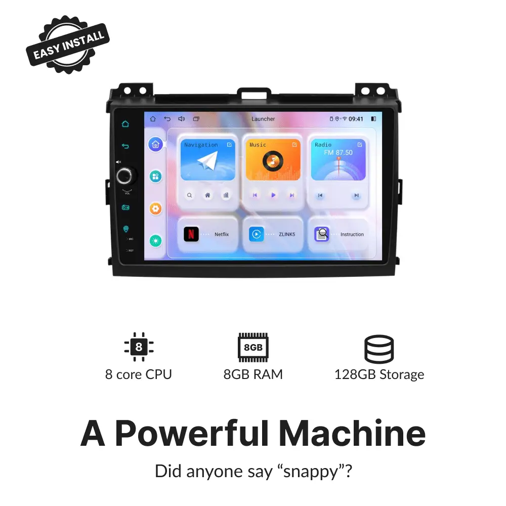 High-performance 9-inch Android head unit for Lexus GX470 2004-2009 with 8-core CPU, 8GB RAM, and 128GB storage for fast operation.