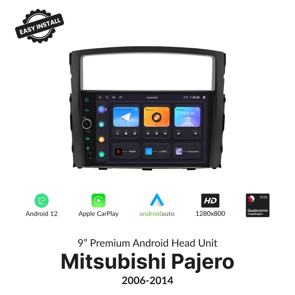 Mitsubishi Pajero 2006-2014 9” Wireless CarPlay Android Head Unit with HD display, Android 12, and Qualcomm processor for seamless in-car entertainment.