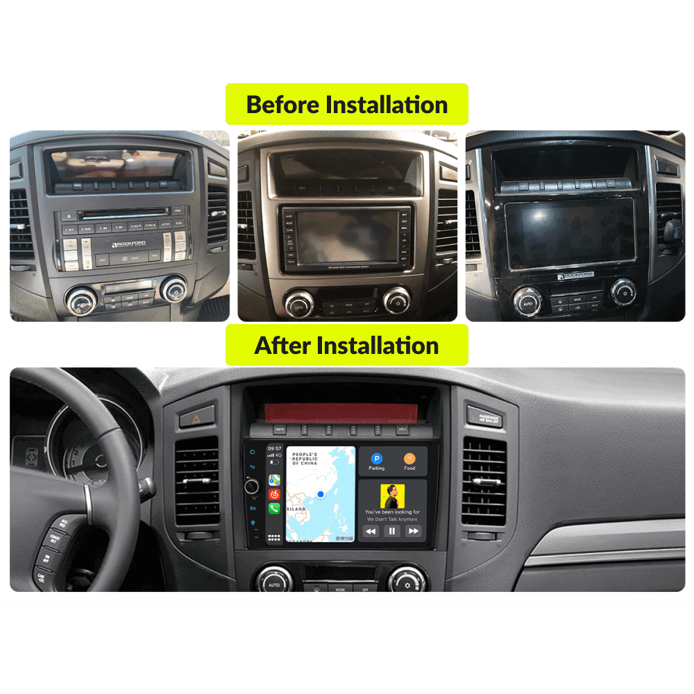 Before and after installation comparison of 9” Premium Android Head Unit in Mitsubishi Pajero 2006-2014, showing upgraded dashboard interface.