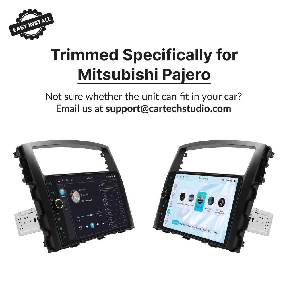 Custom-trimmed 9” Wireless CarPlay Android Head Unit designed for Mitsubishi Pajero 2006-2014, ensuring perfect dashboard fit and easy installation.