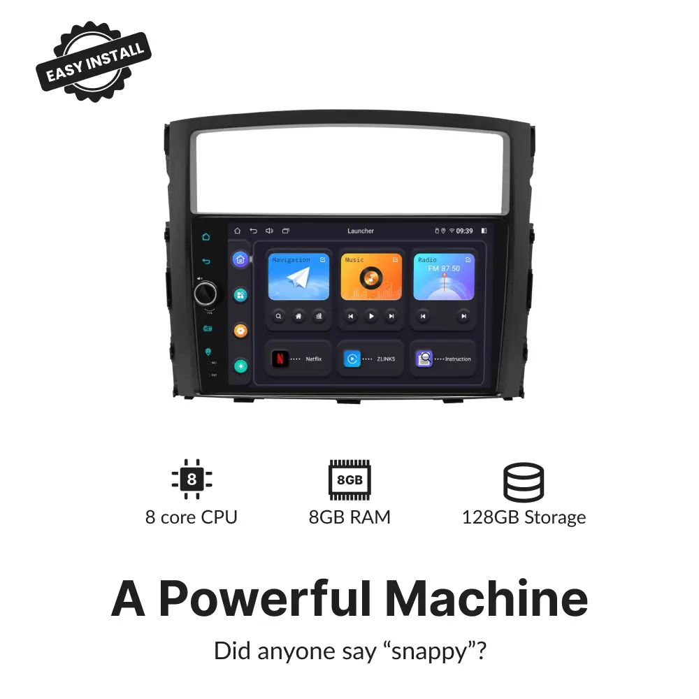High-performance 9” Android Head Unit for Mitsubishi Pajero 2006-2014 with 8-core CPU, 8GB RAM, and 128GB storage for fast and smooth operation.