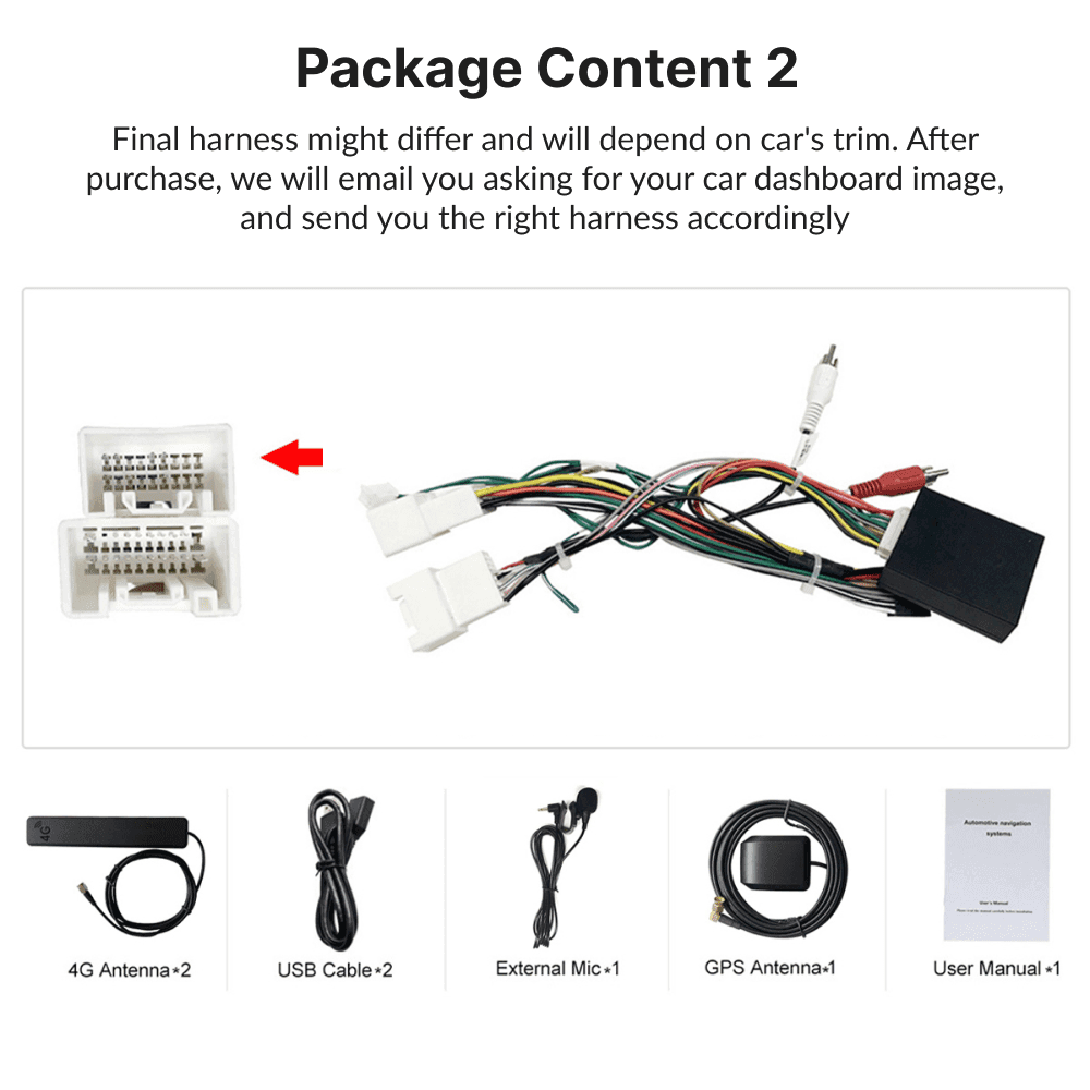 Package contents for Mitsubishi Pajero 2006-2014 9” Android Head Unit including harnesses, antennas, cables, mic, and user manual for installation.