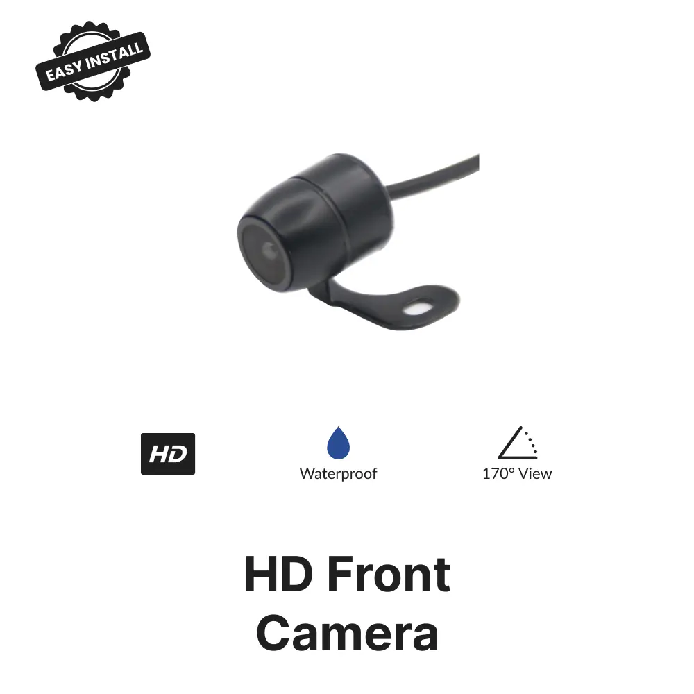 HD Front Camera for CarPlay & Android Auto with waterproof design and 170° wide-angle lens for enhanced road visibility and safety.