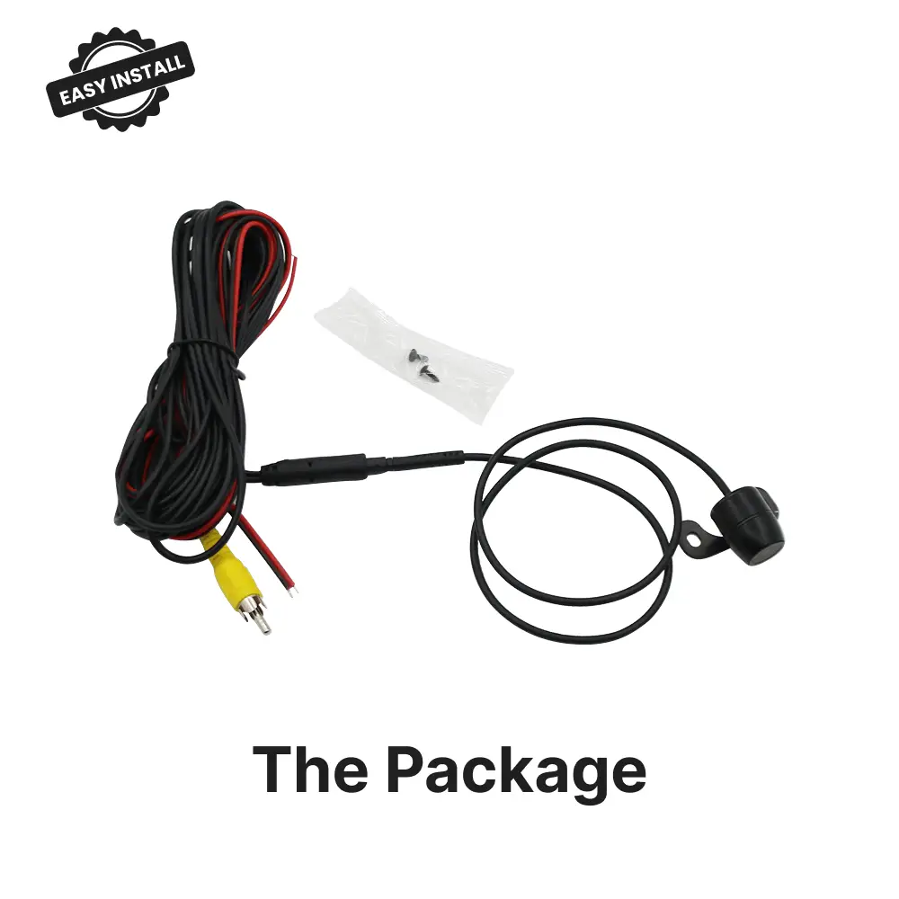 Package contents of HD Front Camera for CarPlay & Android Auto including waterproof camera, cables, and mounting screws for easy installation.