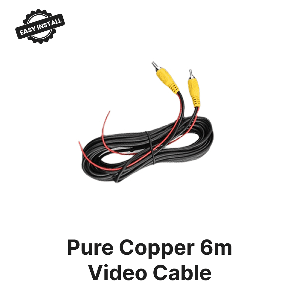 Pure copper 6m video cable with RCA connectors for HD waterproof backup camera, supports CarPlay-compatible vehicle electronics setup.