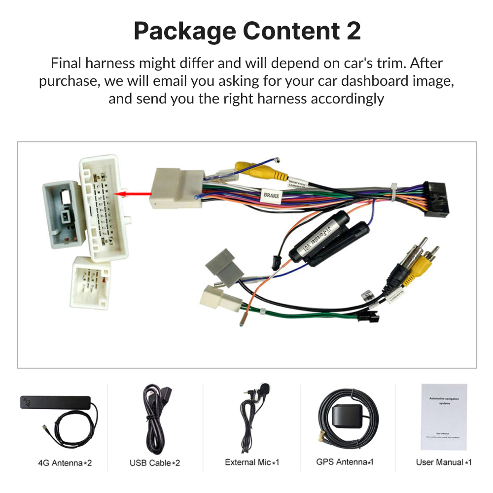Package contents for Subaru WRX 2007-2011 Android Head Unit include custom harness, USB cable, GPS antenna, mic, and user manual.
