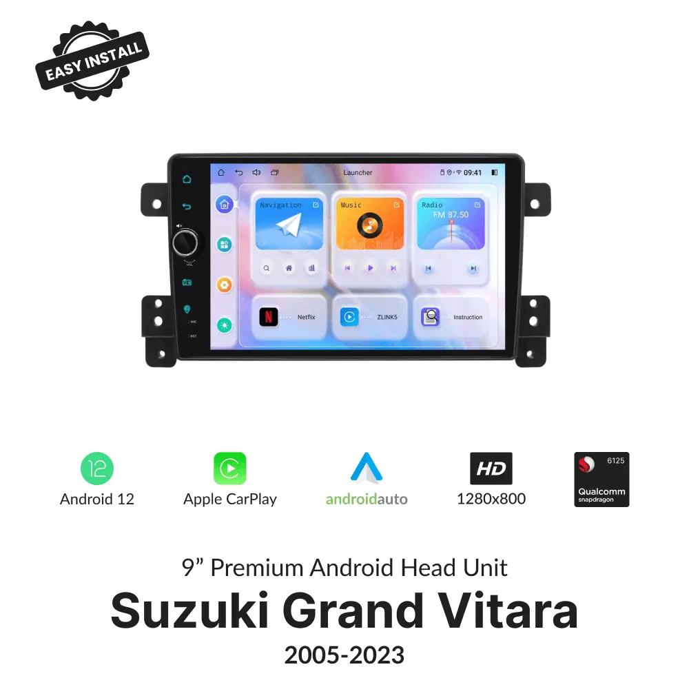 9” Premium Android Head Unit for Suzuki Grand Vitara 2005-2023 with wireless CarPlay, Android Auto, HD display, and Android 12 OS.