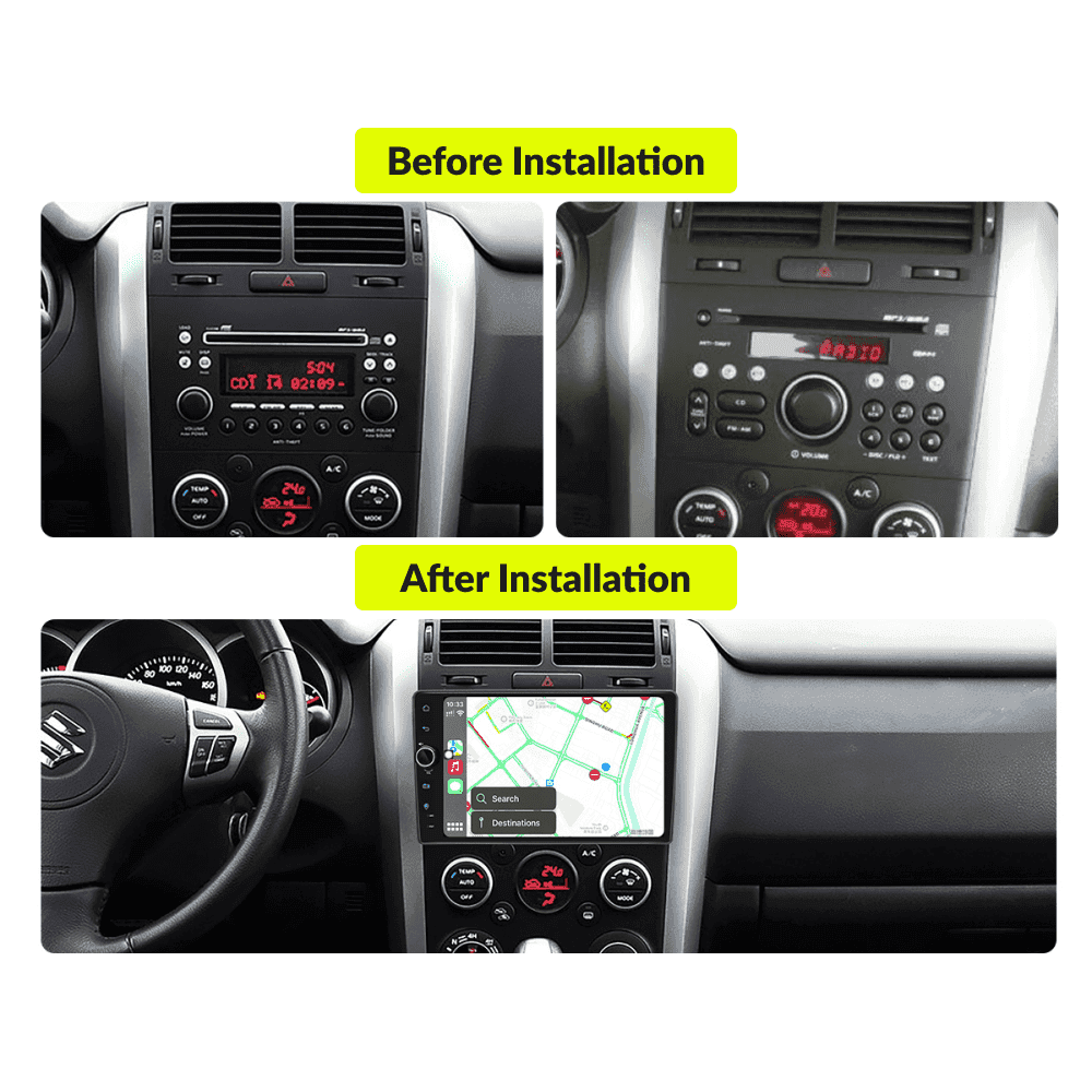 Before and after installation comparison of 9” Android Head Unit in Suzuki Grand Vitara dashboard, showcasing modern touchscreen upgrade.