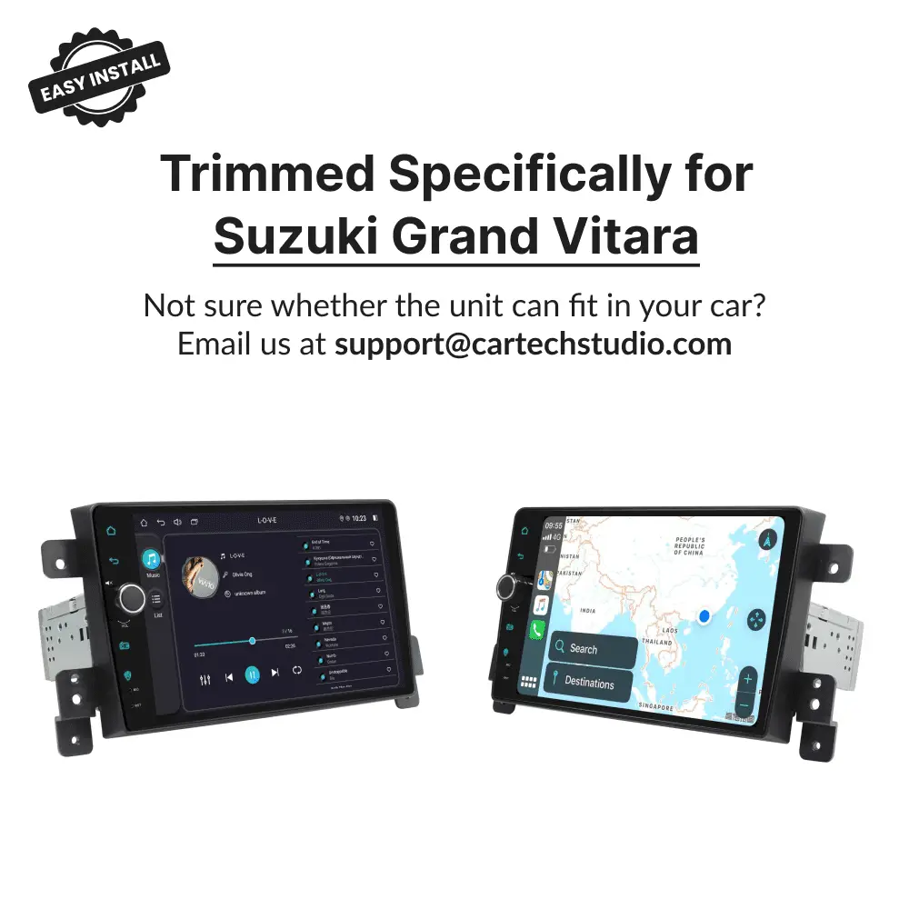 Custom-fit 9” CarPlay Android Head Unit for Suzuki Grand Vitara 2005-2023, designed for easy installation and seamless dashboard integration.