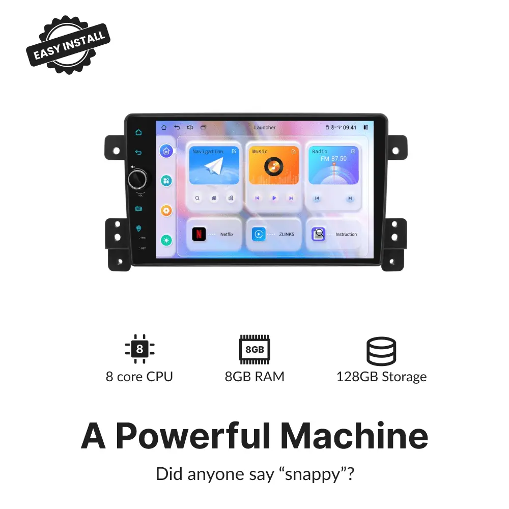 Powerful 9” Android Head Unit for Suzuki Grand Vitara with 8-core CPU, 8GB RAM, and 128GB storage for fast performance and multitasking.