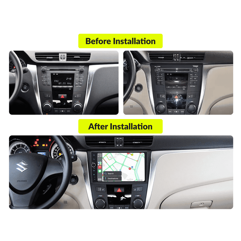 Before and after installation comparison of Suzuki Kizashi 2009-2015 upgraded with 9” Premium Android Head Unit and navigation display.