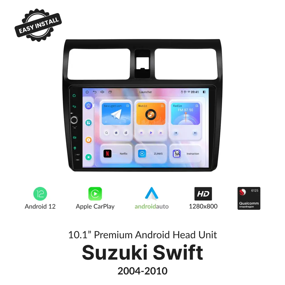 Suzuki Swift 2004-2010 10.1” Wireless CarPlay Android Head Unit with Android 12, HD display, and Qualcomm processor for seamless in-car entertainment.