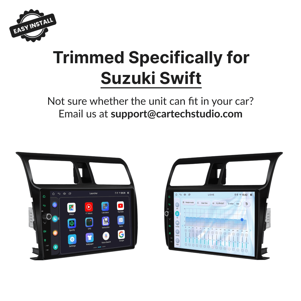 Custom-trimmed 10.1” Premium Android Head Unit for Suzuki Swift 2004-2010, designed for perfect dashboard fit and easy installation.