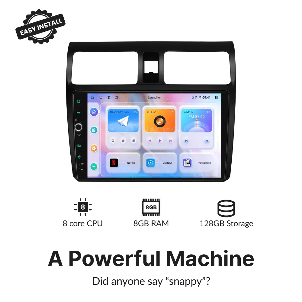 High-performance 10.1” Android Head Unit for Suzuki Swift 2004-2010 with 8-core CPU, 8GB RAM, and 128GB storage for fast, responsive use.